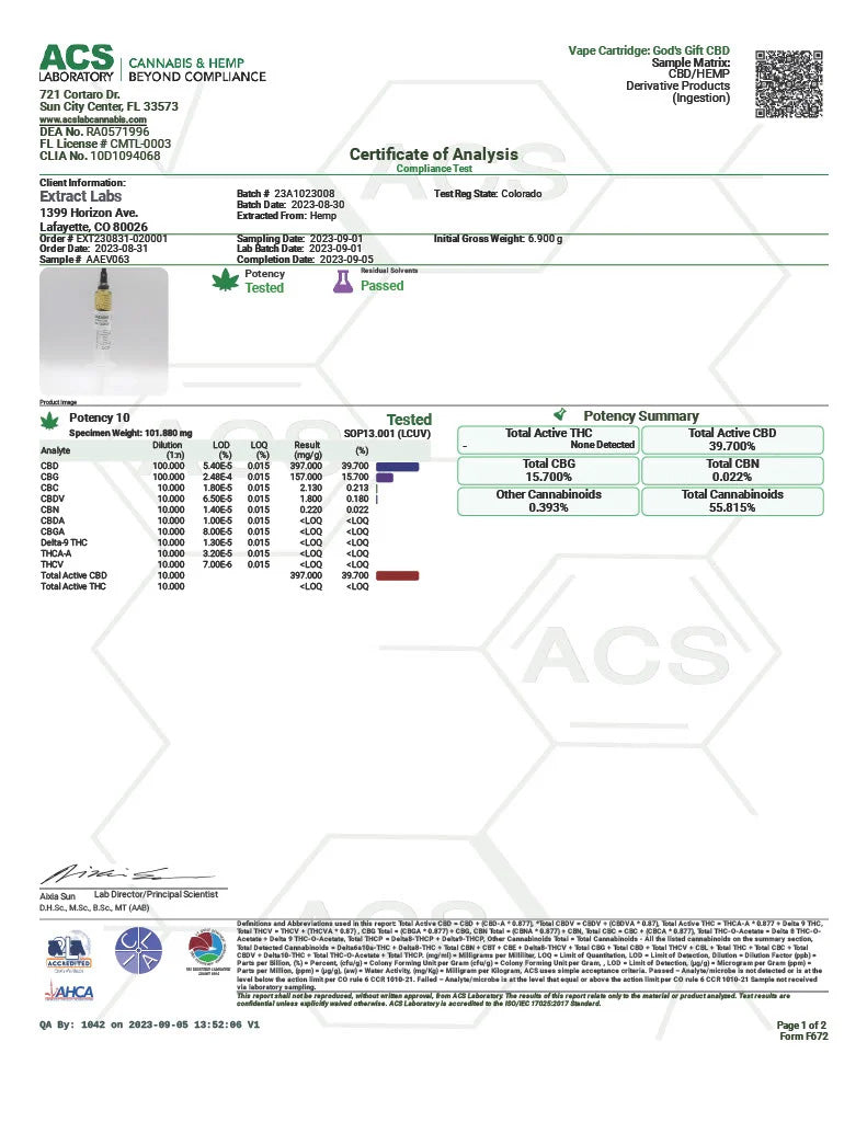 Extract Labs CBD Vape Cartridge God's Gift (Indica Dominant)